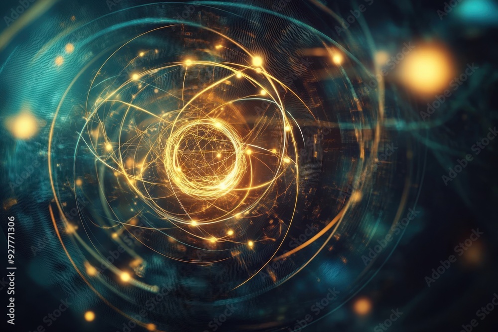 Poster animation of rotating curves in circular patterns around interconnected nodes on spheres with an abs