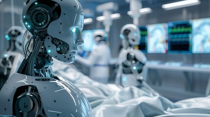 Fototapeta premium Close-up of a futuristic robot in a sterile hospital setting.