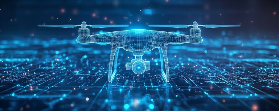 Digital wireframe illustration of an advanced drone in a futuristic setting
