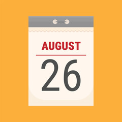 August 26 tear-off calendar. Simple calendar illustration isolated on orange background. Flat style