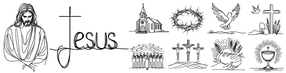 collection set of Christian religious icons Jesus Christ church eucharist crown of thorns cross