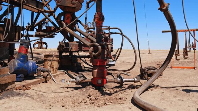 Machinery for oil or gas production. Site in the desert for natural resources extraction.