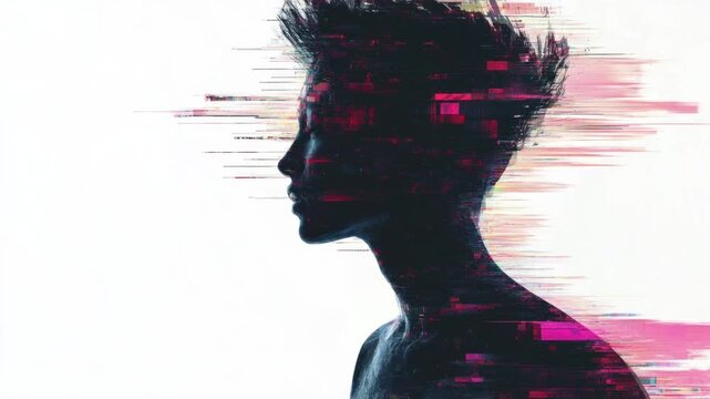 silhouette of person in profile face hair head glitchy screen distortion hack code computer delay