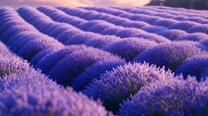 Rows of lavender flowers in a field at sunset.