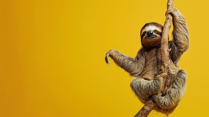 a sloth hanging onto a branch, set against a bright yellow background, copy space