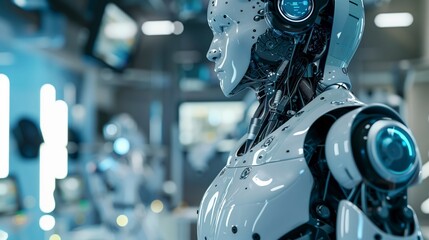 Fototapeta premium Close-up shot of a futuristic robot's head and shoulders, in a factory setting.