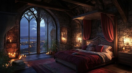 old fashioned castle bedroom with big windows on the left looking out over the twinkling city