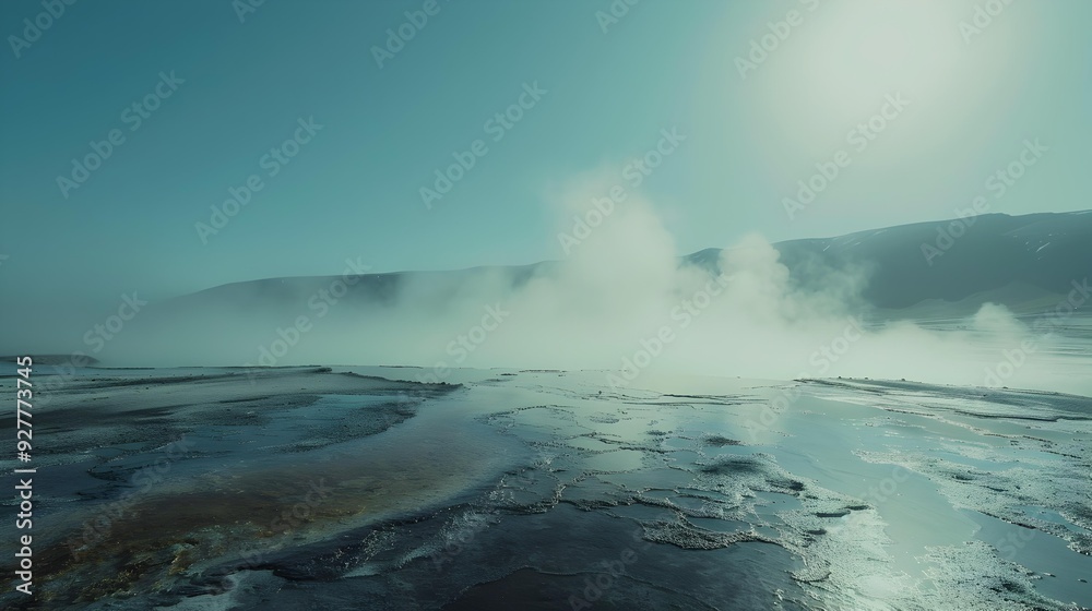 Wall mural thick fog and steam rising above the geyser