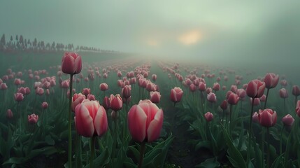 The fog envelops the flowers