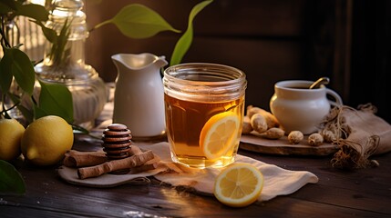 Glass of honey ginger lemon tea with lemons, cinnamon sticks, and ginger root on wooden table.