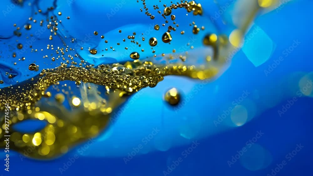 Poster dynamic drops of yellow glitter in blue oil or ink diffusing through water, creating an abstract aqu