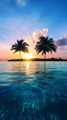 Stunning tropical sunset with two palm trees, calm water, and vibrant sky colors reflecting on the ocean. Perfect summer escape scenery.