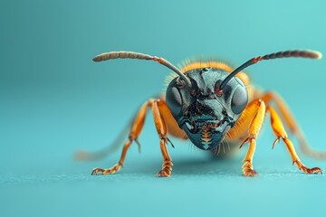 Fototapeta premium Macro Portrait of a Bee: A close-up, high-definition portrait of a bee, capturing intricate details of its eyes, antennae, and body, set against a soft blue background. This image evokes a sense of cu