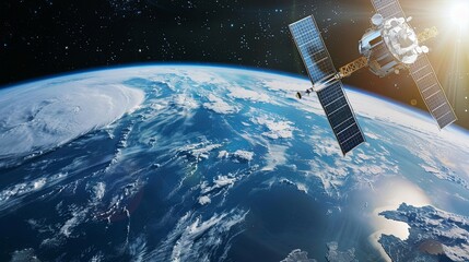 A satellite orbits above Earth, capturing a stunning view of the planet's surface with swirling clouds, vast oceans, and the curvature of the Earth