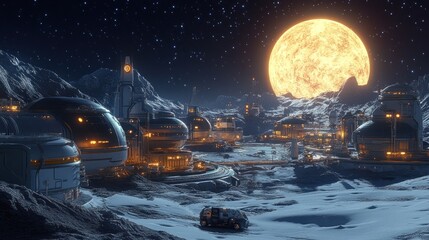 Lunar Colony Under a Glowing Moon