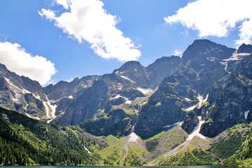 view of the lake in the mountains, Morskie Oko in the Tatra Park, greenery, a tree against the background of the lake, a lake between the mountains