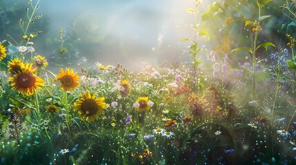 Summer morning in a meadow where dew sparkles