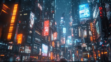 Futuristic Cityscape with Neon Lights and Snow