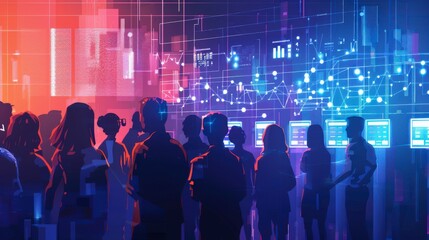 Silhouettes of people standing in front of a futuristic digital display.