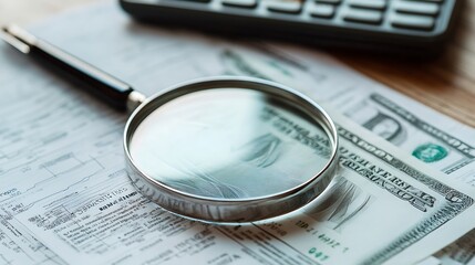 A magnifying glass lies on a document with a dollar bill and a pen, ready to analyze and inspect the details.