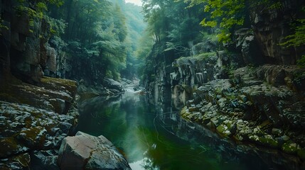 Gorge high cliffs surrounded by dense forest