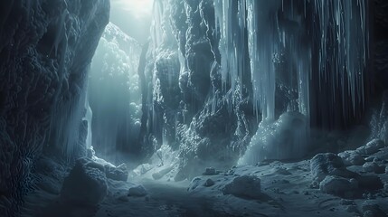 Gorge with high ice walls forming frozen waterfalls
