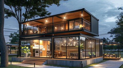 Fototapeta premium A container house with double glass windows, interior design of the coffee shop on ground floor and kitchen in one layer