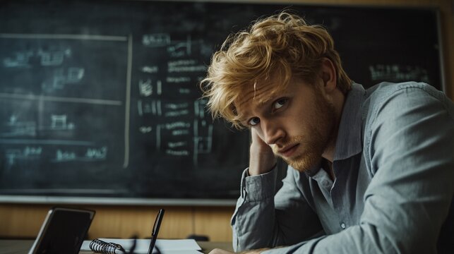 A cryptanalyst writing notes on a notepad, deep in thought with a chalkboard filled with cryptographic equations in the background