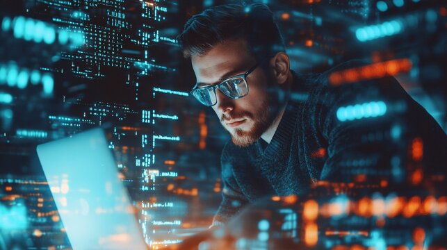 A focused cryptographer working on a laptop surrounded by codes and cryptographic tools, light solid color background