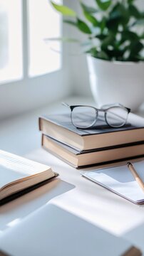 A serene workspace of a cryptographer featuring books on cryptography and a notepad, light solid color background