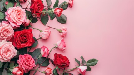 Vibrant pink and red roses cluster together in a stunning bouquet, their elegance enhanced by the gentle pastel pink backdrop, capturing the essence of spring's renewal.