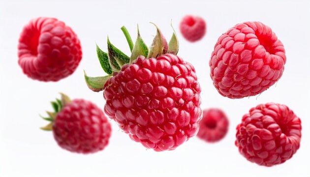 Raspberry floating in the air, isolated on white background