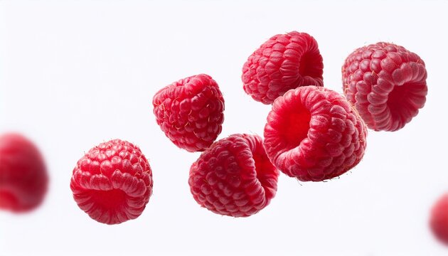 Raspberry floating in the air, isolated on white background