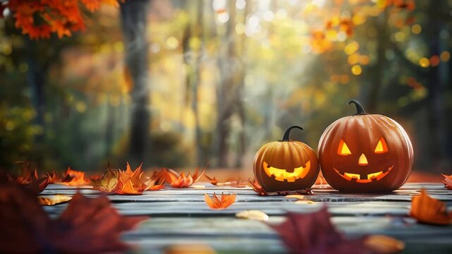 Two carved pumpkins glow warmly on a rustic wooden table, surrounded by vibrant autumn leaves. The background captures the essence of a magical fall evening with golden hues and a dreamy bokeh effect