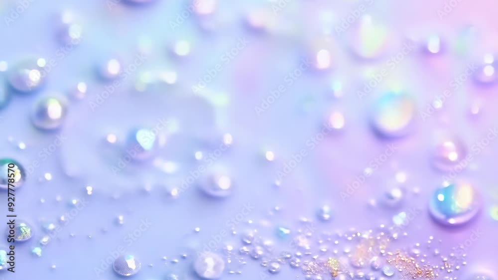 Aufkleber Dynamic drops of holographic glitter in pastel violet oil or ink diffusing through water, creating an abstract aquatic swirls