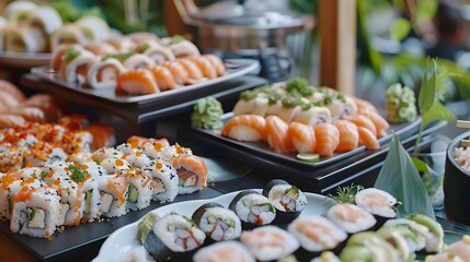 Buffet assorted sushi and sashimi served on elegant picture
