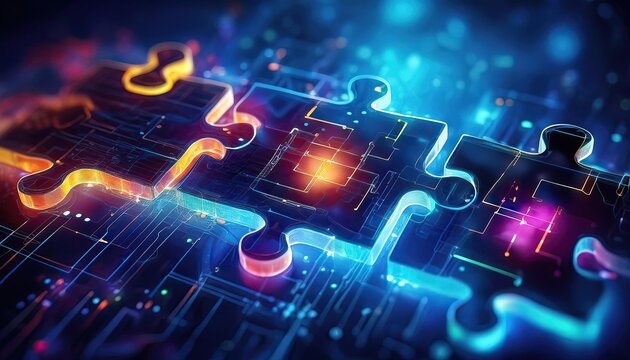 An abstract, tech-infused background with interconnected puzzle pieces, representing the integration of APIs and the smooth flow of digital connectivity.