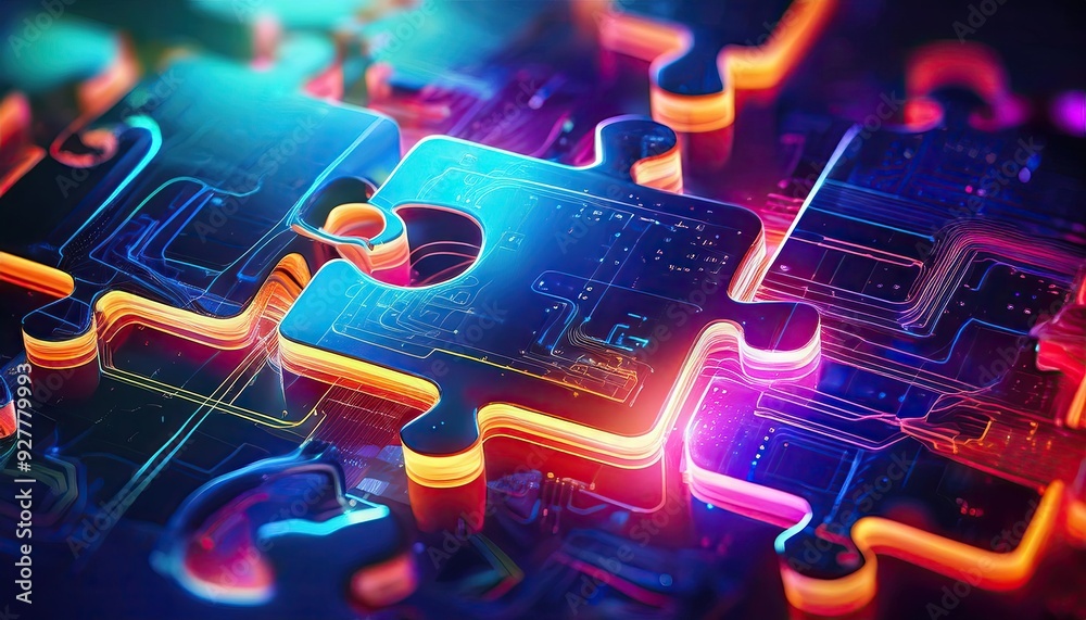 Poster an abstract, tech-infused background with interconnected puzzle pieces, representing the integration