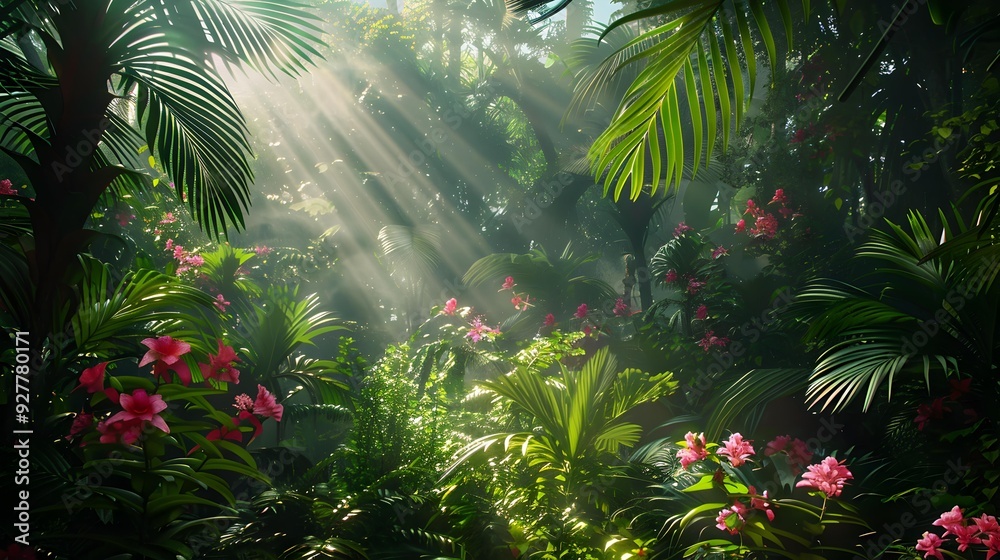 Wall mural sun rays through the forest