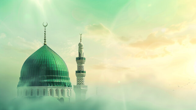 A poster for a mosque with a green dome and a mosque in the background. Milad un Nabi banner and Islamic background with Mawlid al Nabi celebration poster