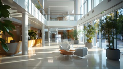 The business center with panoramic windows and stylish interiors