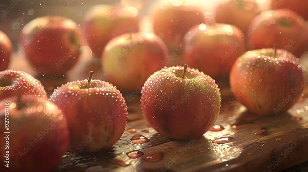 Sticker Fresh apples are laid out on a wooden