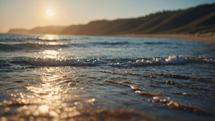 Obraz premium A summer nature background featuring a tranquil beach with gentle waves lapping the shore.