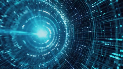 Abstract Digital Tunnel with Glowing Lights and Data Streams