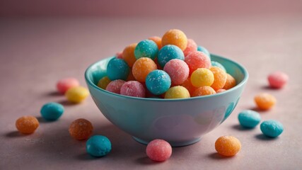 A bowl with candies in bright pastel colors Fashion food concept.