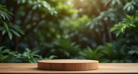Wooden product display podium with blurred nature leaves background. 3D rendering ector render.
