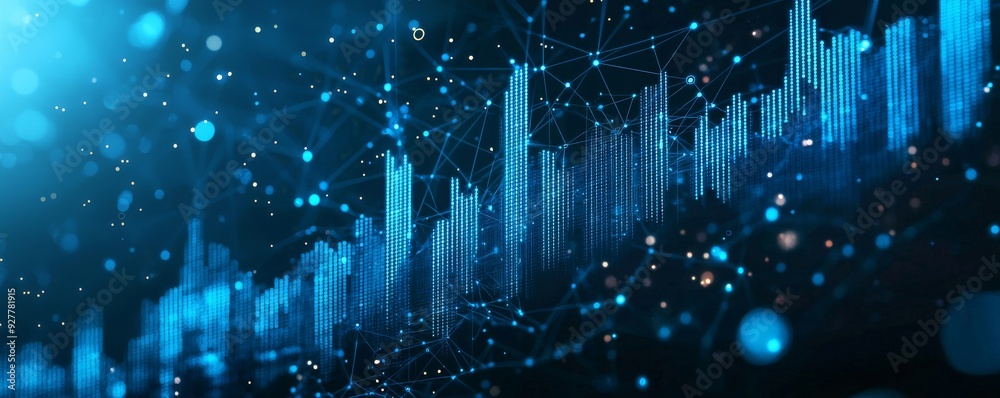 Poster wireframe illustration of financial graph with digital data points and glowing nodes