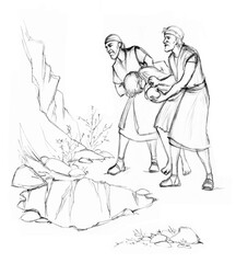 Pencil drawing. Joseph's brothers throw him into a pit