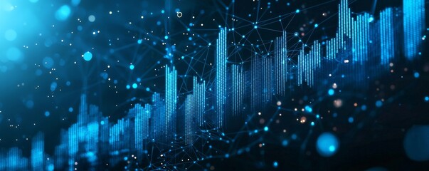 Wireframe illustration of financial graph with digital data points and glowing nodes
