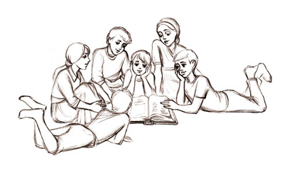 Pencil drawing. Kids reading a book